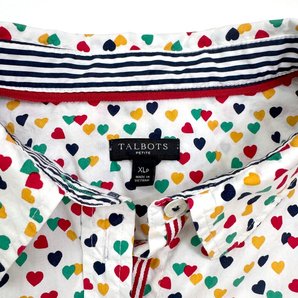 Talbots Button Down Shirt Women XLP White Heart Print Long Sleeve Cotton Top - Picture 2 of 4